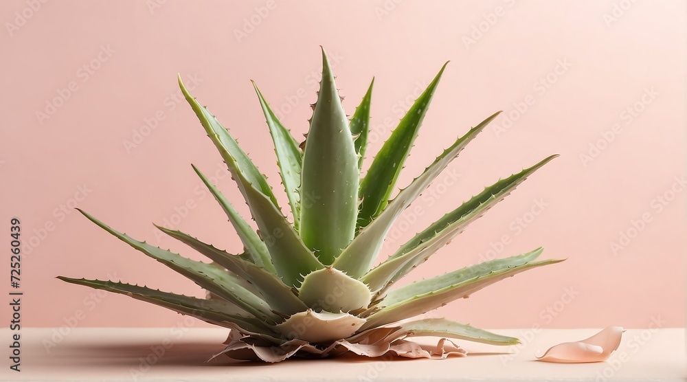 Fototapeta premium Aloe vera leaves on plain pink background from Generative AI