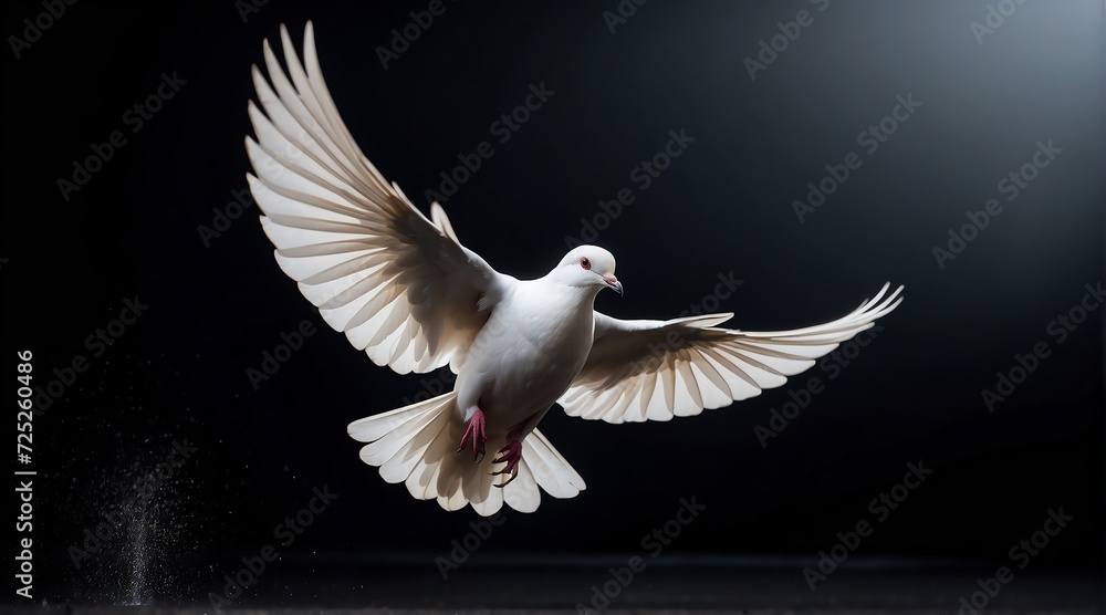 Fototapeta premium A white dove flying on plain black background from Generative AI