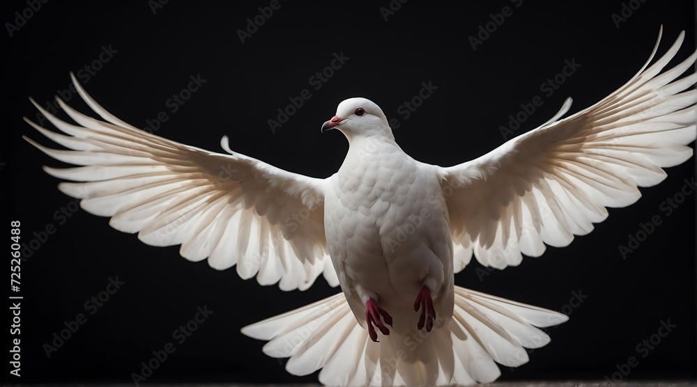 Fototapeta premium A white dove flying on plain black background from Generative AI
