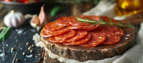 Side view close-up of rustic wooden board with Italian pepperoni slices on cloth.