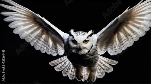 A white owl flying on plain black background from Generative AI
