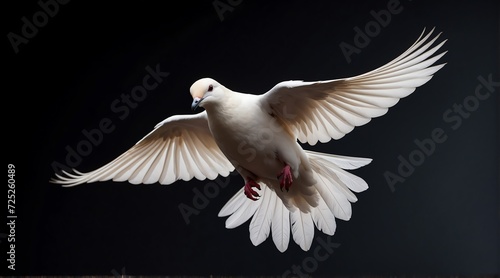 A white dove flying on plain black background from Generative AI © Arceli