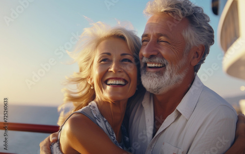 Happy mature senior couple are sitting on the deck of large cruise ship at sunset