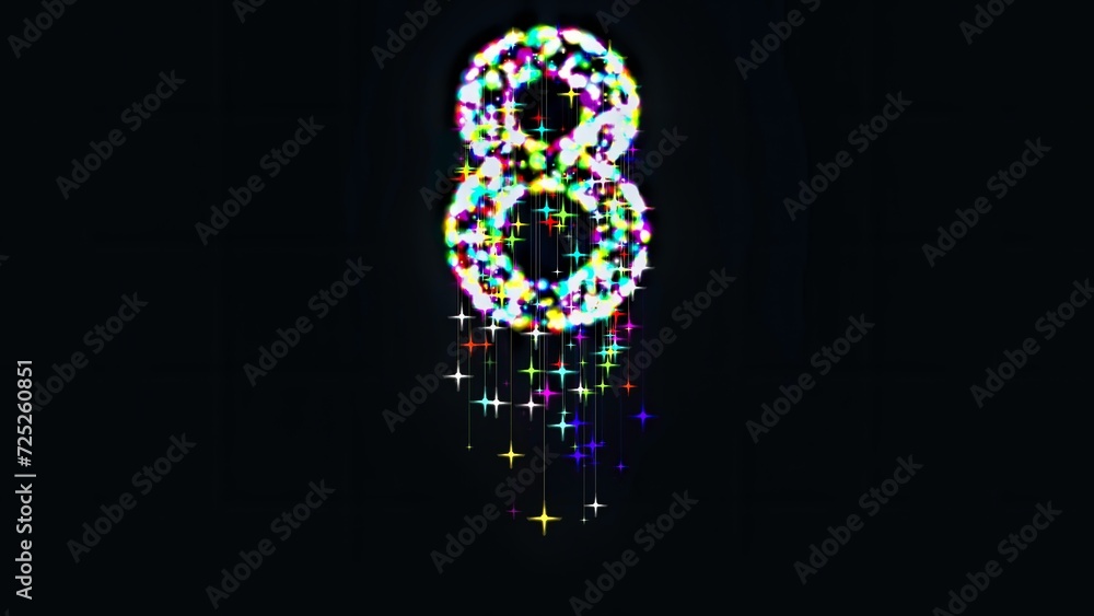 Beautiful illustration of number 8 with colorful glitter sparkles and falling stars on plain black background