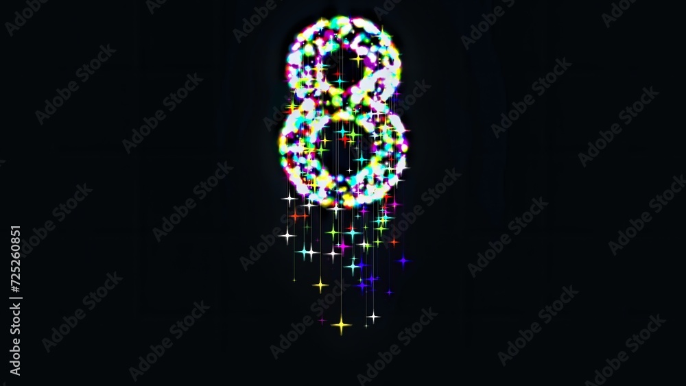 Beautiful illustration of number 8 with colorful glitter sparkles and falling stars on plain black background Beautiful illustration of number 8 with colorful glitter sparkles and falling stars on plain black background
