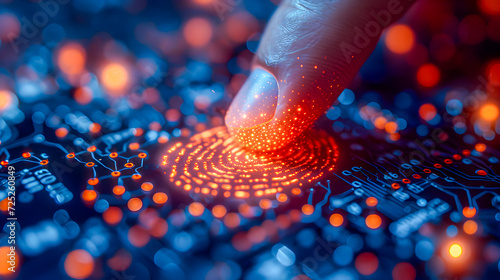 Close-up of a fingertip engaging with a biometric sensor on a glowing cybernetic interface.
.
 photo
