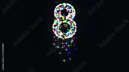 Beautiful illustration of number 8 with colorful glitter sparkles and falling stars on plain black background photo
