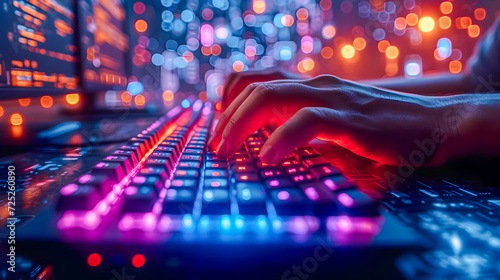 Hands typing on a futuristic neon-lit keyboard symbolizing cybersecurity and modern computing. photo