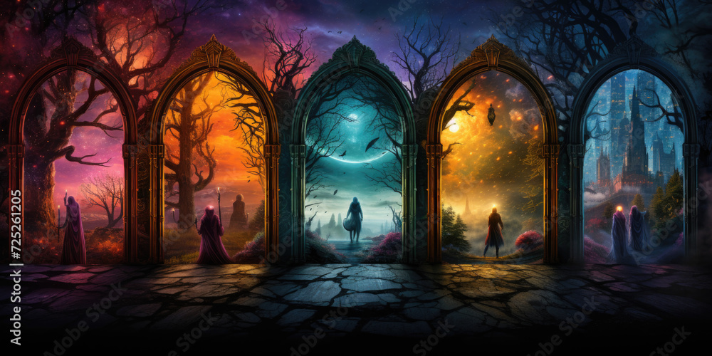 Fantasy enchanted fairy tale forest with magical opening secret doors and mystical shine light. Seven doors.