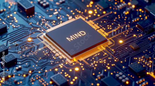 On top of a sophisticated chip, there is a hologram consisting of 4 letters "MIND", Unreal Engine rendering, depth of field effect, 3D