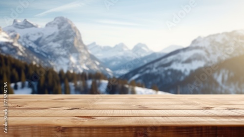The empty wooden table top with blur background of Alpine with snow capped. Exuberant image. generative ai © Summit Art Creations