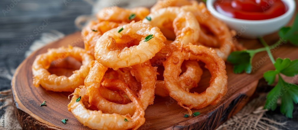 Low angle view of homemade deep-fried onion rings with ketchup, served on a rustic wooden board. Low angle view of homemade deep-fried onion rings with ketchup, served on a rustic wooden board.