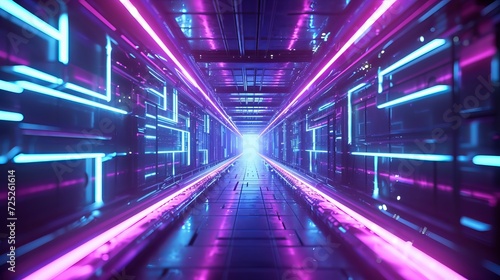 futuristic corridor with an abstract background and bright purple and blue lights