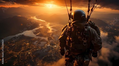 Elite special operations team conducting a HALO (High Altitude Low Opening) parachute jump at dawn