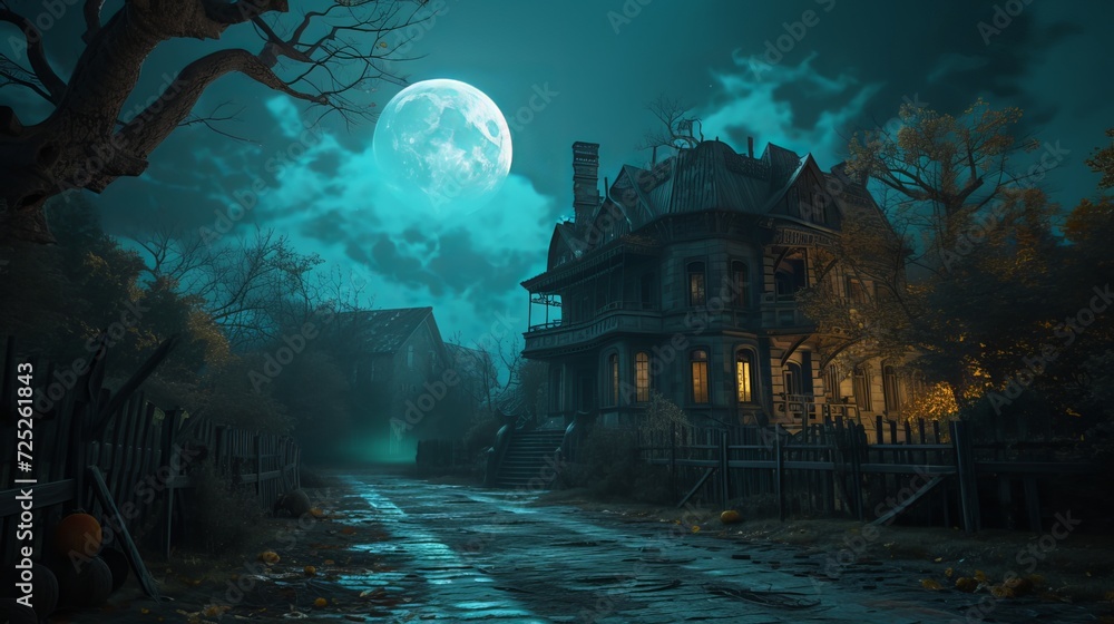 Realistic horror house with a spooky street by moonlight as the background for a Halloween concept.