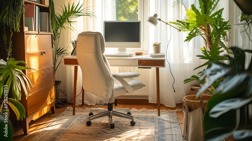 A comfortable workstation with an office chair at a home office