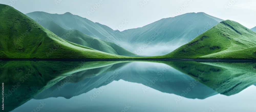 Serene lake mirrors the outline of mossy hills. - obrazy, fototapety, plakaty 