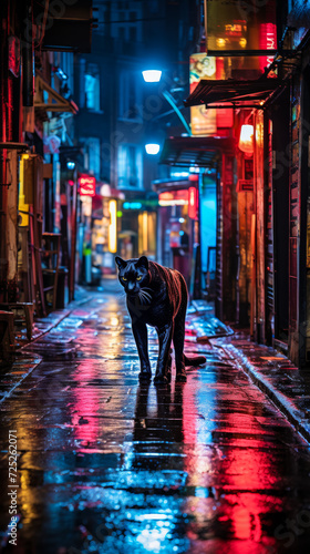he enigmatic panther, clad in a sleek midnight velvet coat, prowls through a neon-lit urban jungle. A diamond-studded collar gleams, and its emerald eyes reflect the city's nocturnal mystique, exuding