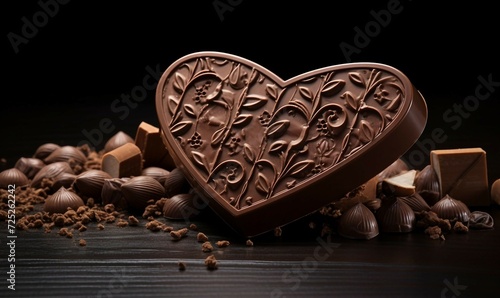 Chocolate candies and coffee beans on a dark wooden background.