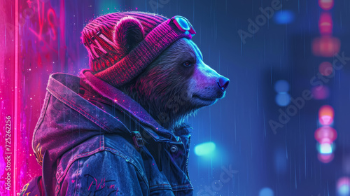 Urban-cool bear in a denim jacket, sporting a beanie with graffiti motifs, against a city skyline backdrop, lit with urban neon, exuding street-smart attitude and style photo