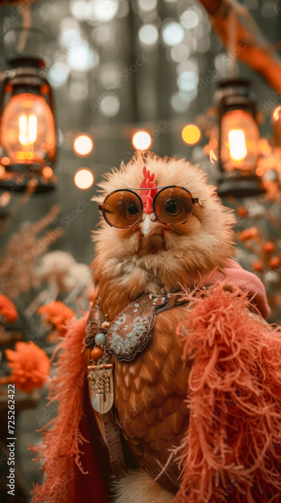 Chic chicken in a feathered cape, wearing oversized sunglasses, against a farmyard chic backdrop, lit with rustic lanterns, exuding countryside chic and charm