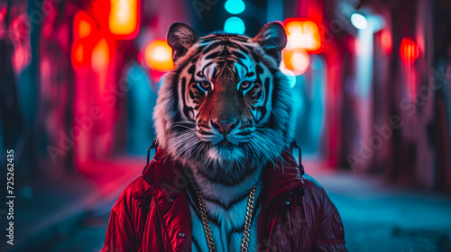 Trendsetting tiger in a bomber jacket, accessorized with gold chains, against a graffiti-filled alley backdrop, lit with streetlamp glow, exuding urban sophistication and edge photo