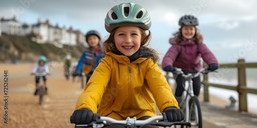 Happy child cycling at the beach, family biking adventure. outdoor leisure activity, casual lifestyle. AI
