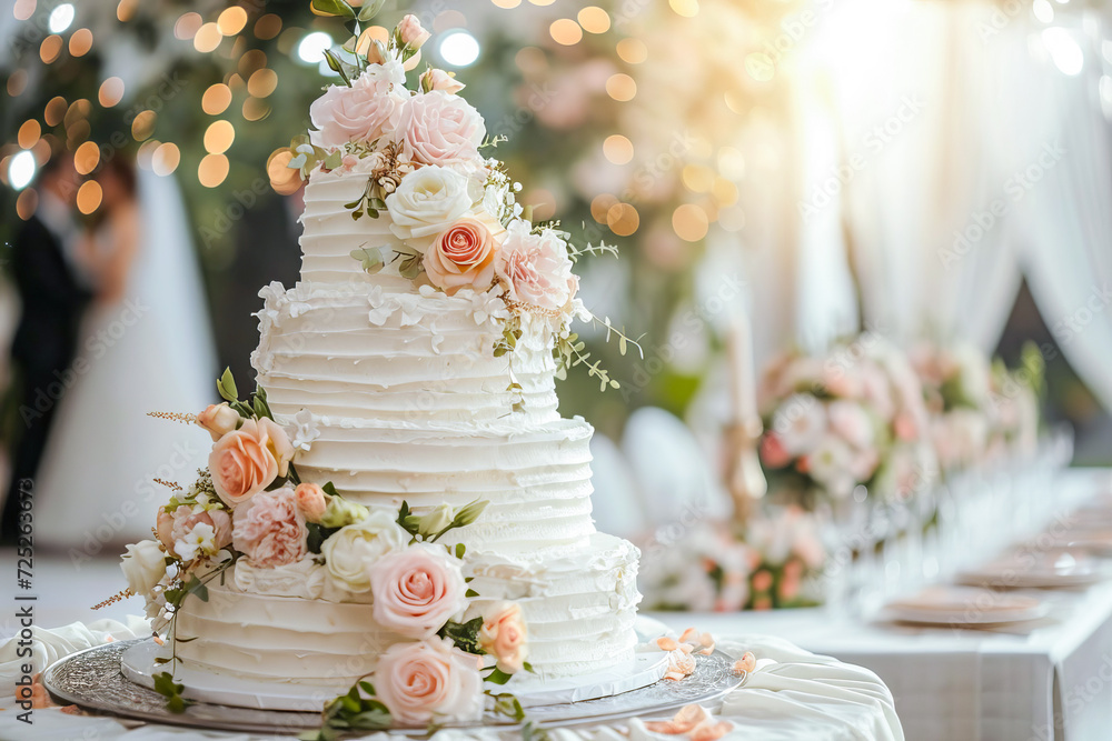 A wedding cake covered in whipped cream and decorated with flowers. - obrazy, fototapety, plakaty 