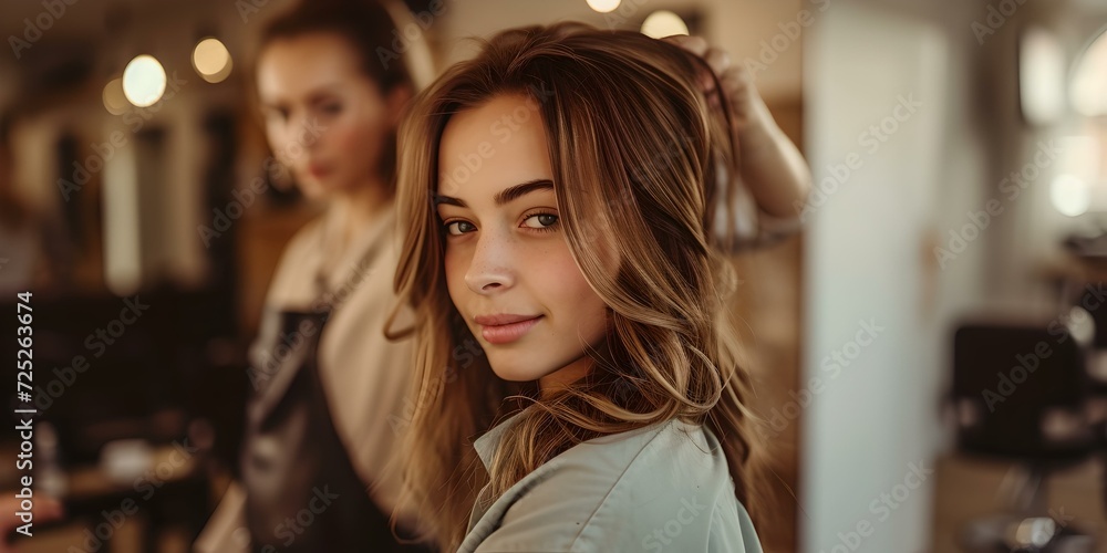 Stylish woman at a hair salon getting a new haircut. casual beauty session. modern hairdressing. warm tones. AI