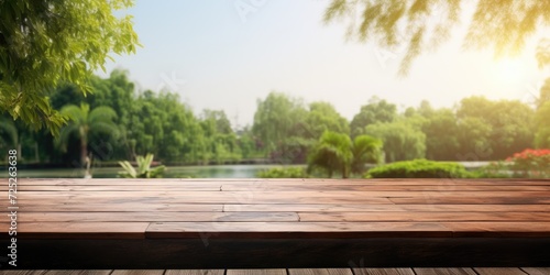 Wooden table on an empty deck and a picturesque park for displaying products.