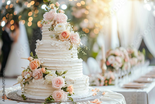 A wedding cake covered in whipped cream and decorated with flowers. photo