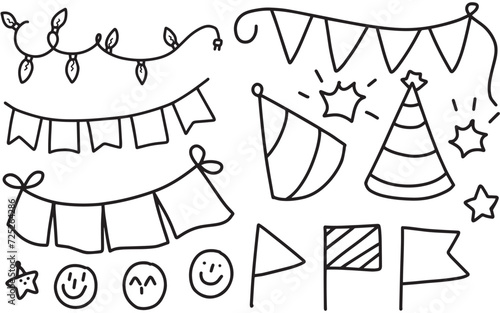 party theme line art set. hand drawn doodles