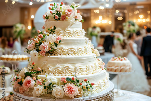 A wedding cake covered in whipped cream and decorated with flowers.
