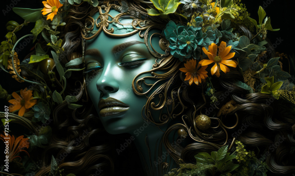 Artistic Conceptual Representation of a Woman as a Nature Deity Adorned with Lush Green Foliage and Flowers