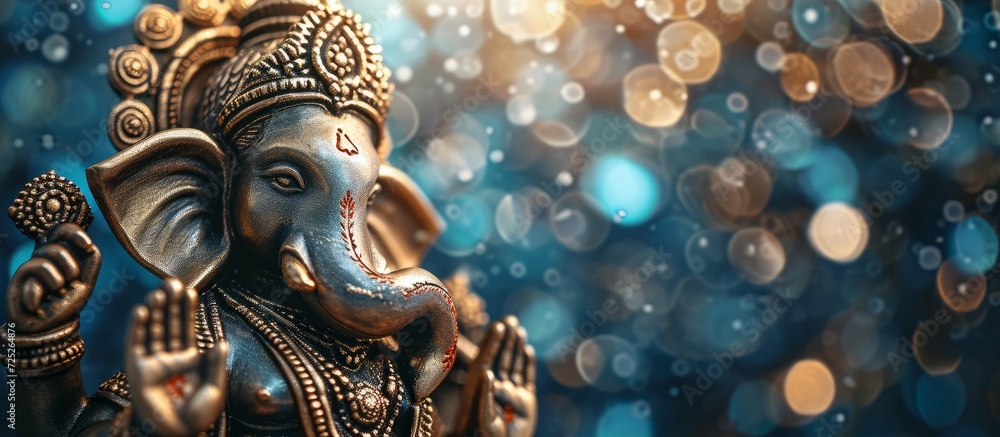 Bronze Lord Ganesha with blue Bokeh background in close-up.