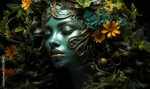 Artistic Conceptual Representation of a Woman as a Nature Deity Adorned with Lush Green Foliage and Flowers