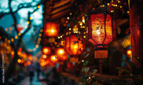 Festive red lanterns hanging with glowing golden bokeh, celebrating traditional Chinese festival ambiance