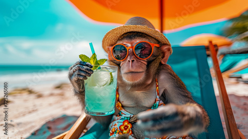 A monkey in human clothes lies on a sunbathe on the beach, on a sun lounger, under a bright sun umbrella, drinks a mojito with ice from a glass glass with a straw, smiles, summer tones, bright rich co