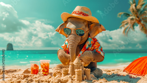 an elephant dressed in a Hawaiian shirt, beach shorts, hat, sunglasses is building a sand castle on the beach on a clear sunny day, with a blue sky, and a turquoise sea nearby, smiles, summer tones, b