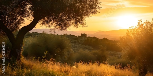 Serene sunset over rolling hills, olive tree silhouetted against glowing sky. perfect for calm backgrounds and natural scenes. AI