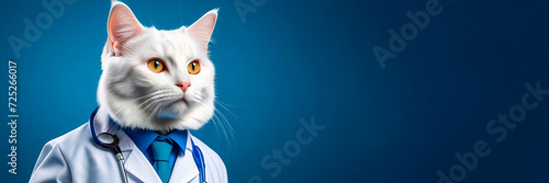 A beautiful white cat in the clothes of a doctor with a stethoscope on blue background with a place for text. Copy space. veterinary clinic banner
