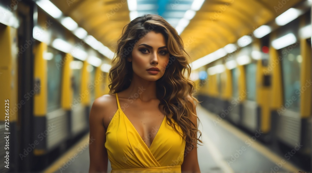 A beautiful woman in yellow dress in the middle of the road in the city metro from Generative AI
