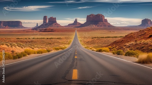 The road continues up the center, getting narrower until it ends. In the distance are Monument Valley's red rocks. Desert scrub vegetation grows on both sides of the road.