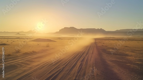Safaris, trips to Africa, extreme sports, or scientific research in a stony desert are all possible. Dawn over the Sahara desert, dusty mountains, hills, and remnants of an off-road vehicle.