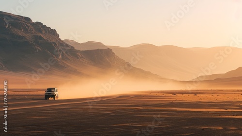 Safaris, trips to Africa, extreme sports, or scientific research in a stony desert are all possible. Dawn over the Sahara desert, dusty mountains, hills, and remnants of an off-road vehicle. photo