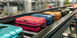 Baggage suitcases moving on an airport luggage conveyor belt in an empty airport arrivals hall arrival claim