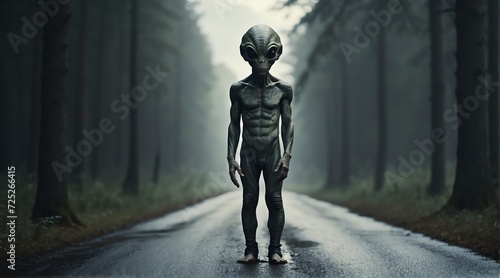 An alien in the middle of the road in the forest from Generative AI © Arceli