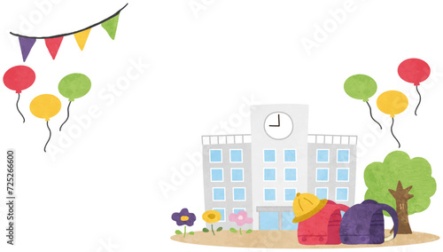 学校とランドセルのイラストフレーム素材