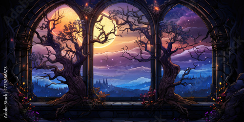 Magical fantasy fairy tale scenery  night in a forest. Windows view