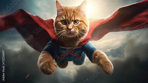 A superhero cat flying through the air with a determined expression. photo